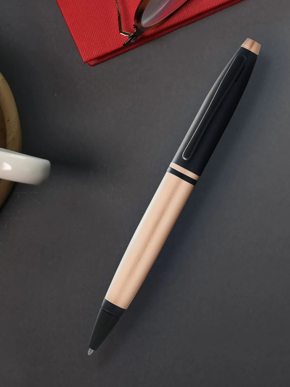 Calais™ Brushed Rose Gold Plate and Black Lacquer Ballpoint Pen - Image 5