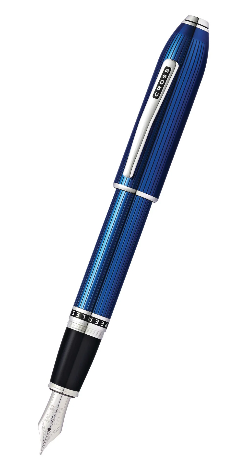 Peerless™ Translucent Quartz Blue Engraved Lacquer with Platinum Plated Appointments and Rhodium Plated 18KT Solid Gold Fine Nib Fountain Pen