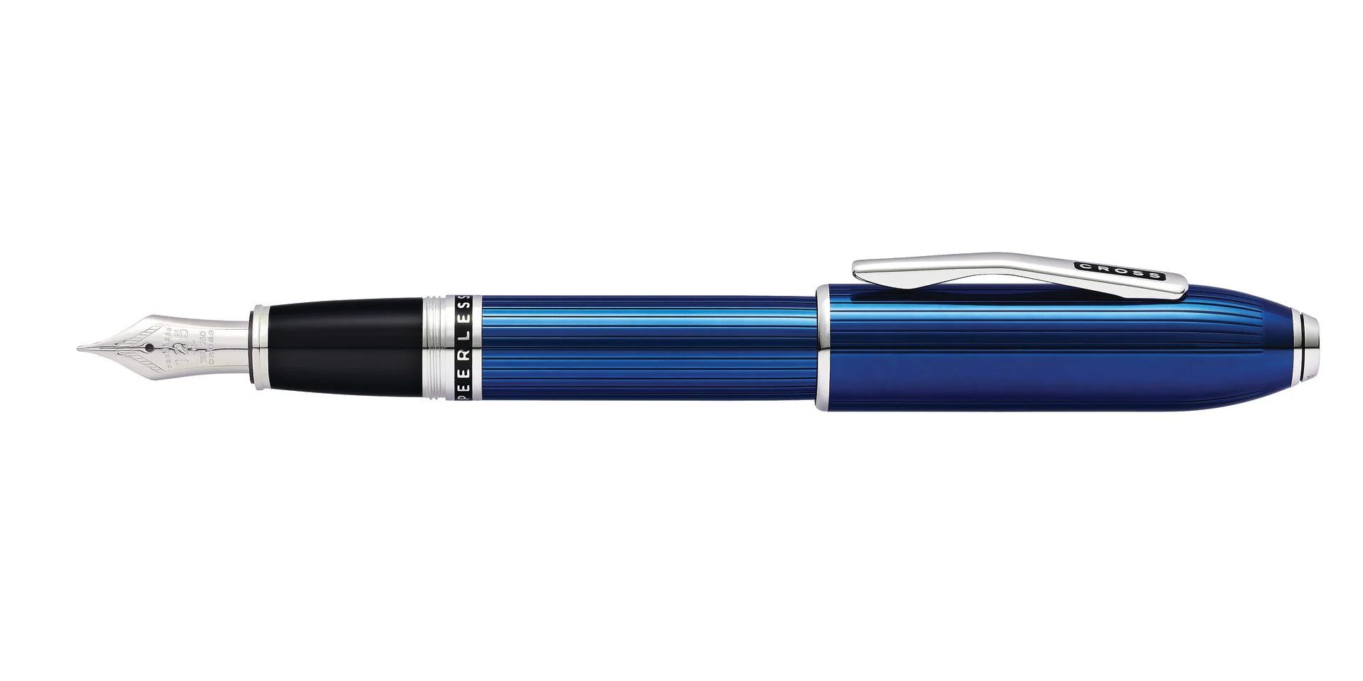 Peerless™ Translucent Quartz Blue Engraved Lacquer with Platinum Plated Appointments and Rhodium Plated 18KT Solid Gold Fine Nib Fountain Pen - Image 4